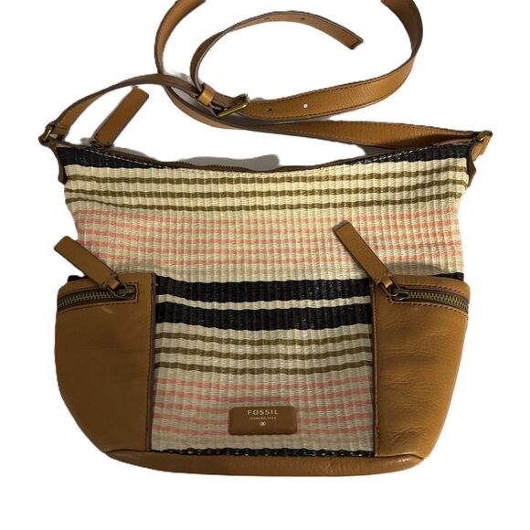 Fossil Emerson Hobo Bag Purse Pocketbook Striped Straw Leather Brown - Picture 1 of 9